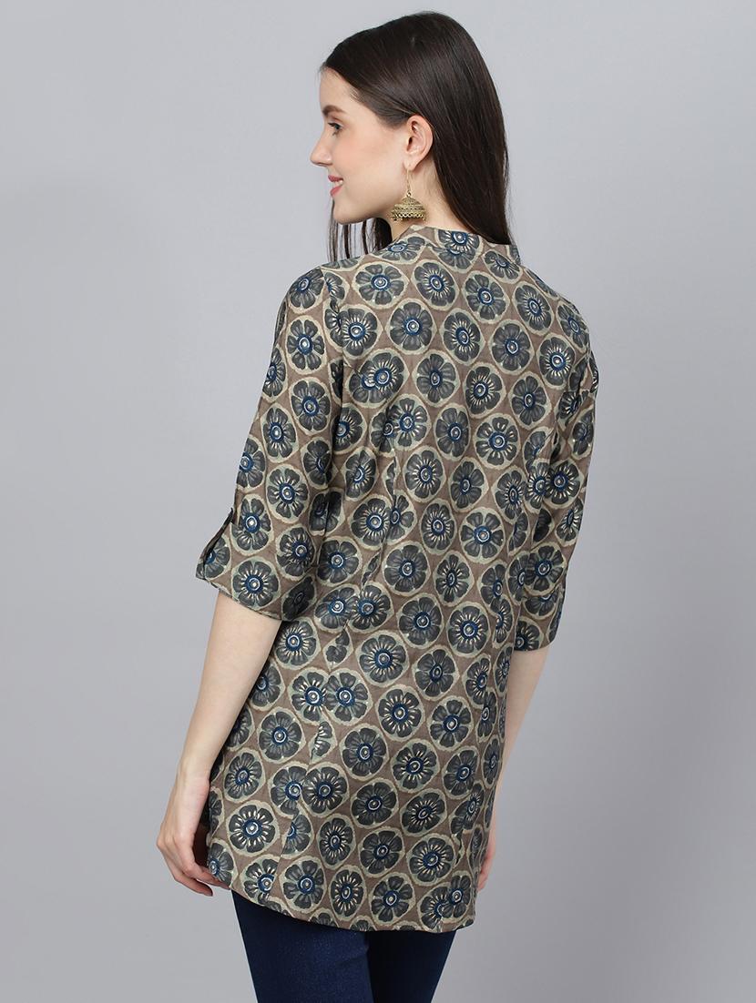 grey mandarin neck printed a-line tunic - 18959481 - Standard Image - 2
