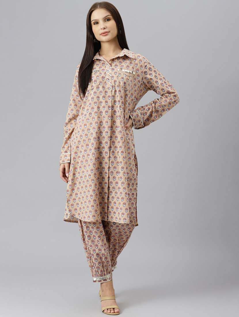 women beige floral kurta salwar set