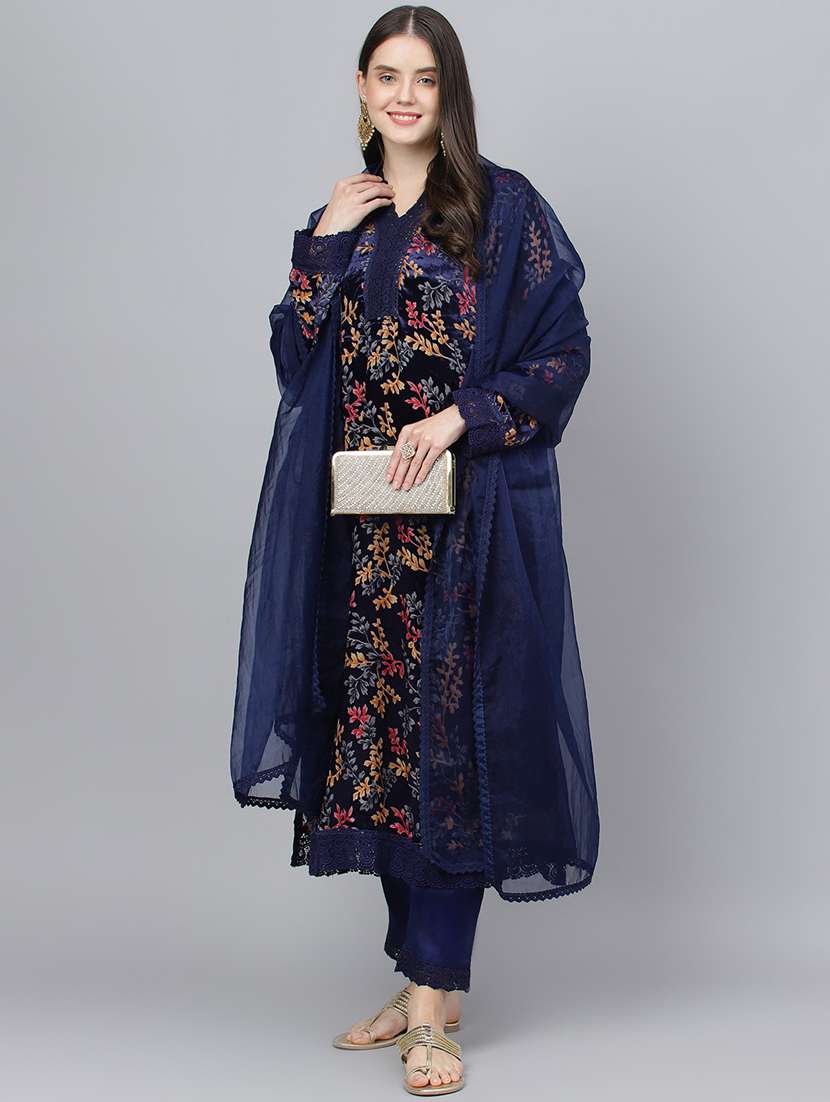 women navy blue long sleeve kurta pant with dupatta set - 18961550 -  Standard Image - 2