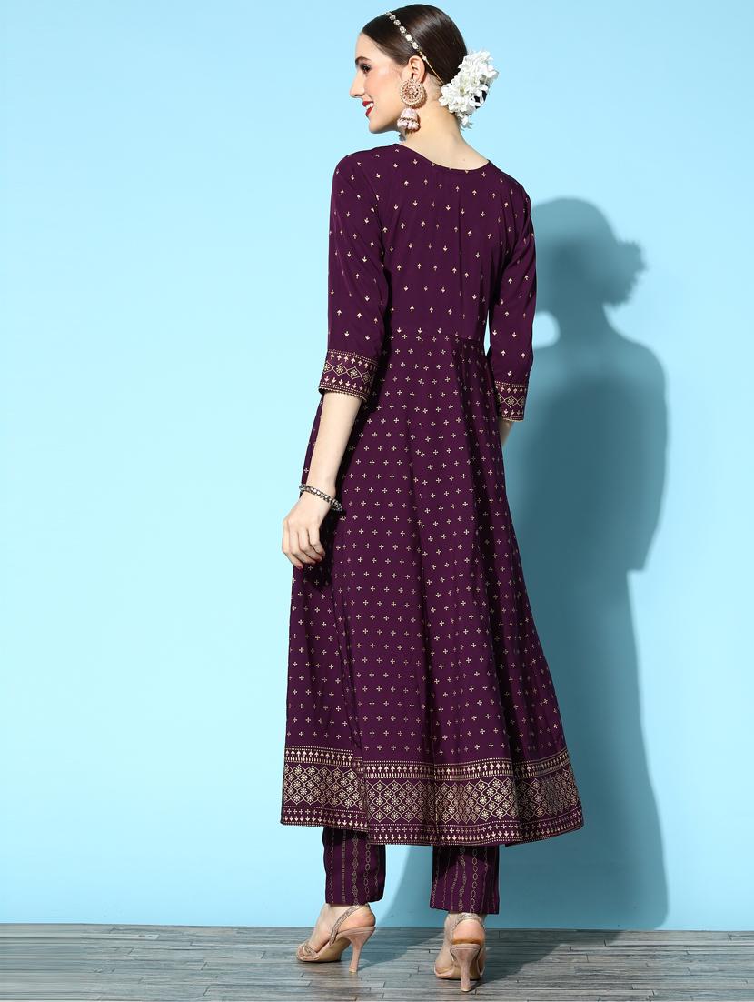 embroidered foil printed a-line kurta pant set - 18961826 - Standard Image - 2