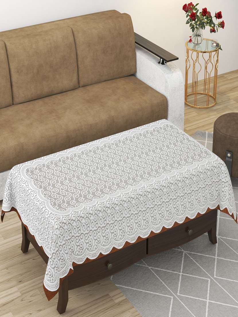 bigger fish polycotton 4 seater center table cover (40x60 inch) - floral design, white