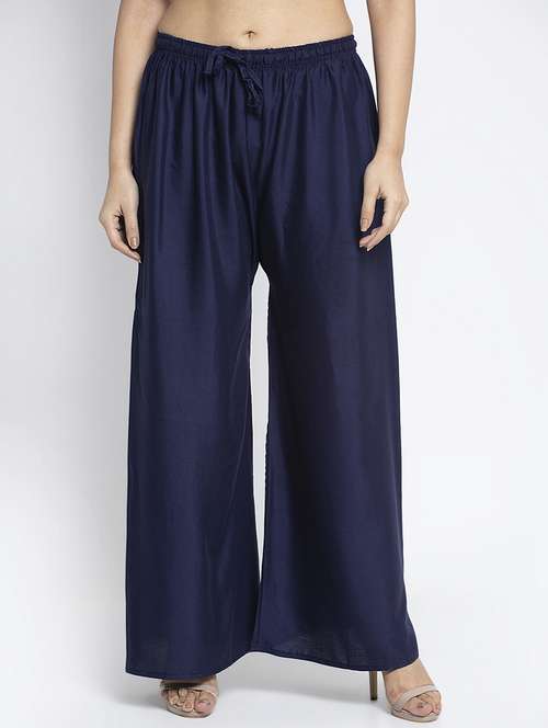 navy blue solid flared palazzo - 18984177 - Standard Image - 0