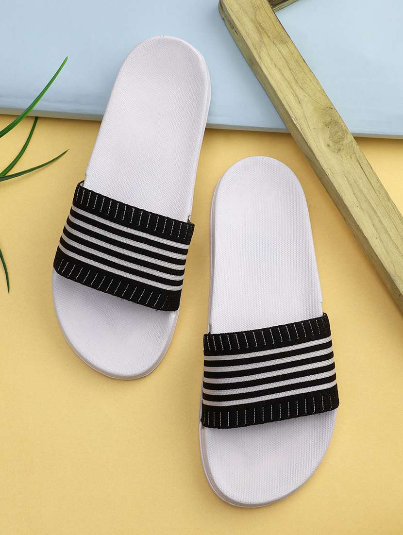 white synthetic & mesh slip on flip flops