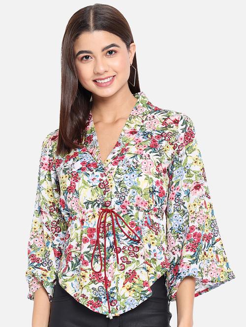 women printed asymmetric lapel neck top - 19036242 -  Standard Image - 0
