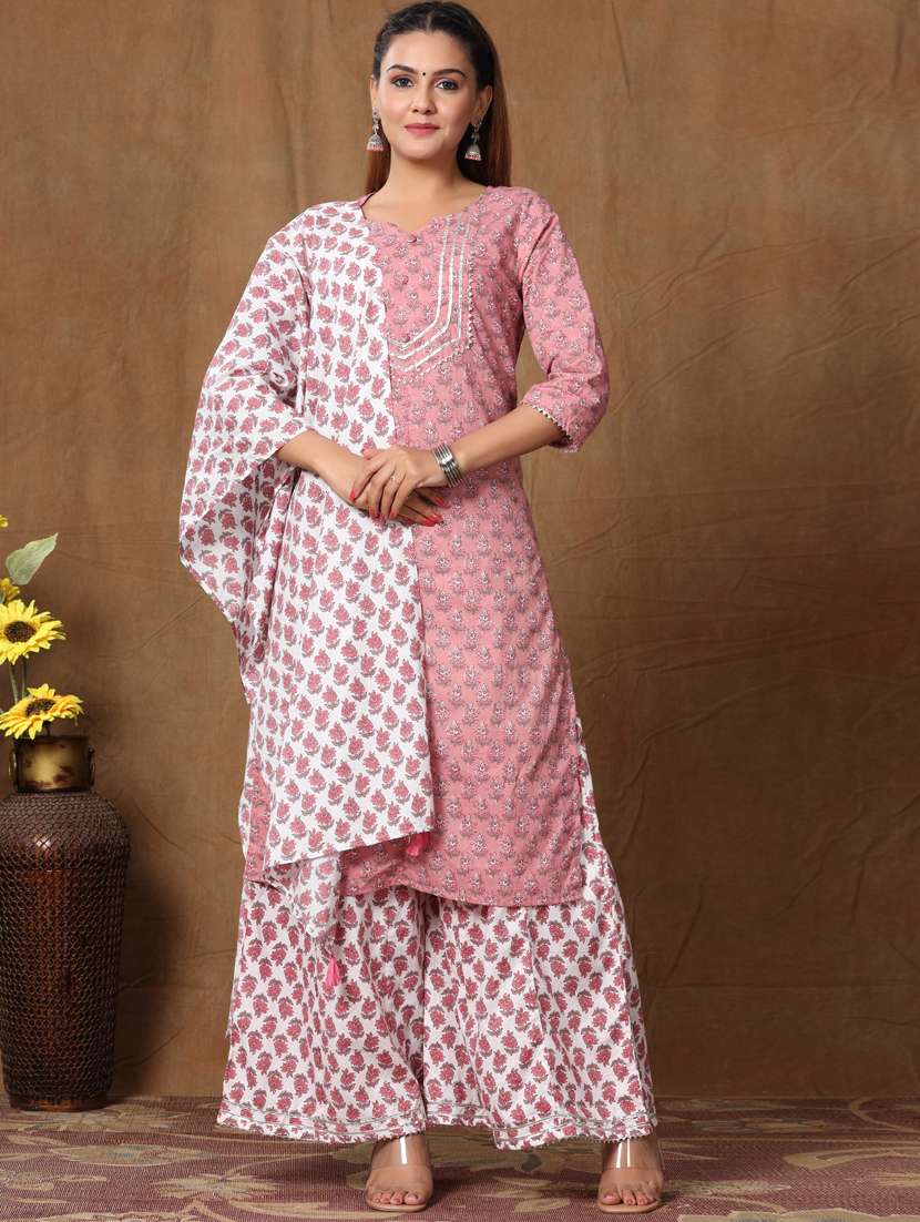 women three quarter sleeve kurta palazzo with dupatta set