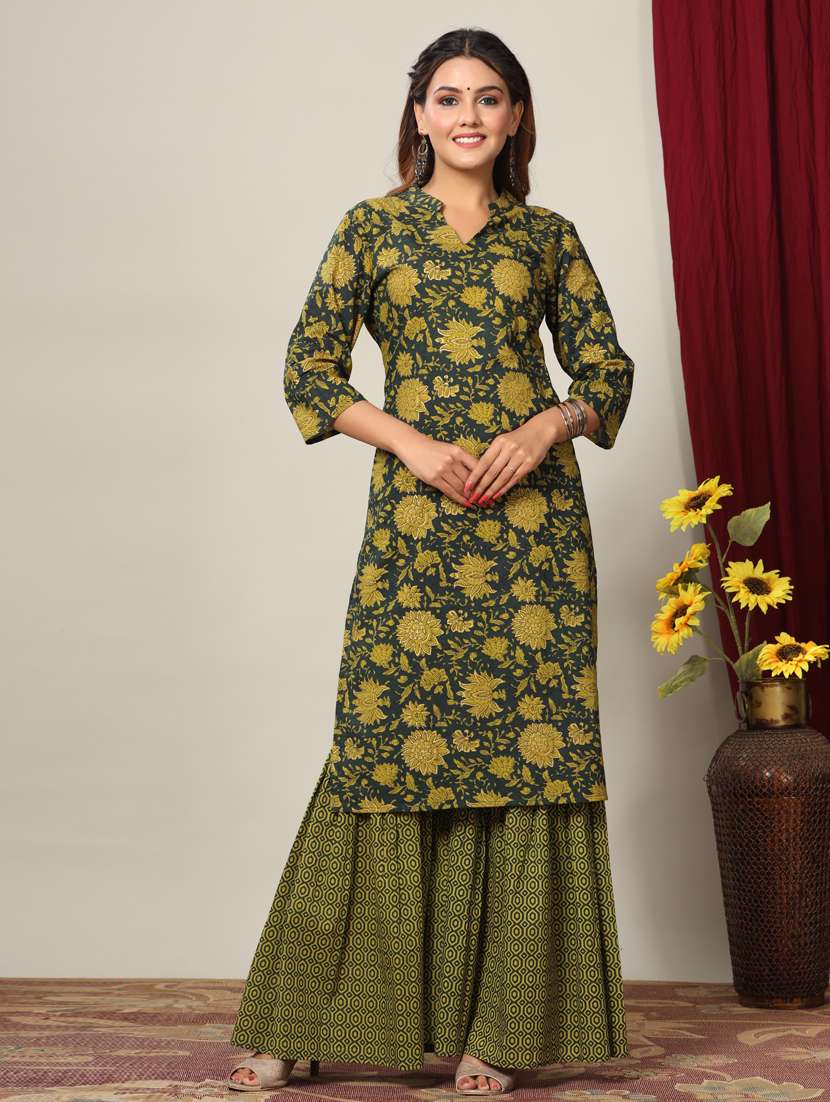 green cotton kurta sharara  set