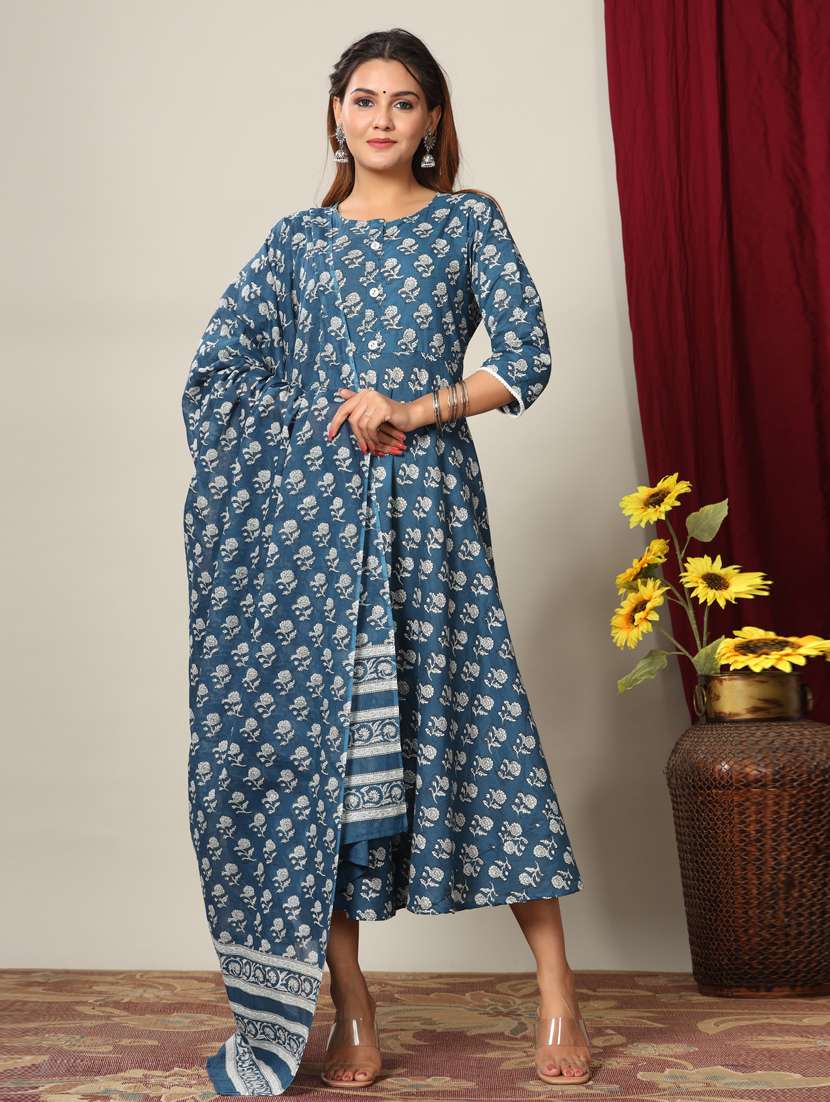 blue cotton kurta dupatta  set
