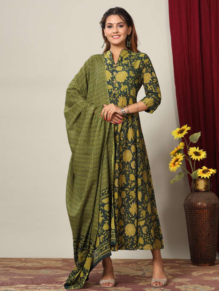 green cotton kurta dupatta  set