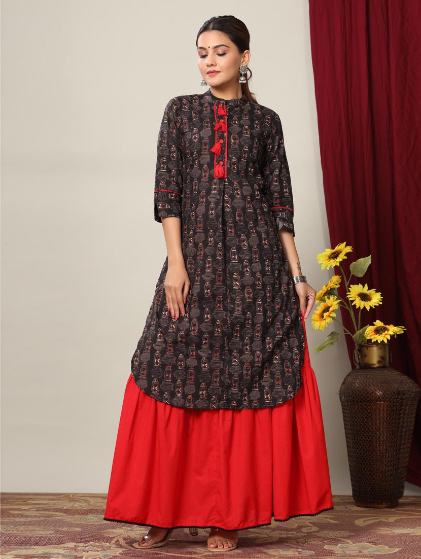 black cotton kurta skirt  set - 19039618 -  Zoom Image - 0