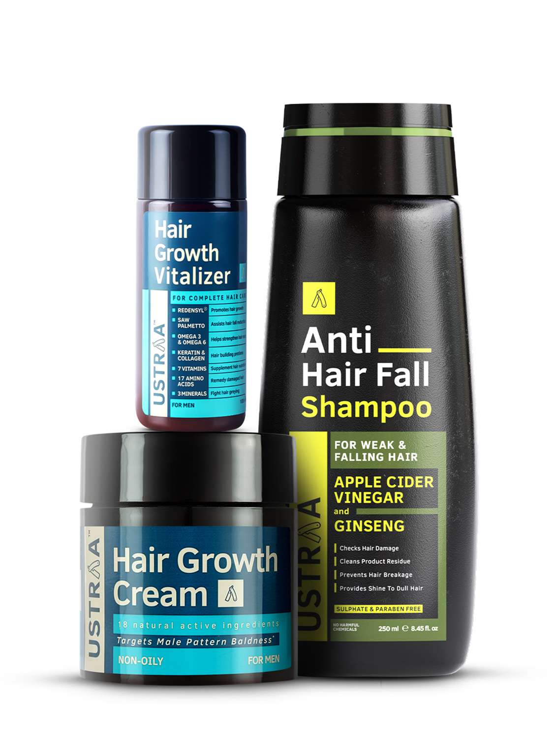 Ustraa Hair Growth Kit (Anti Hairfall Shampoo 250ml, Hair Growth Vitalizer & Cream)
