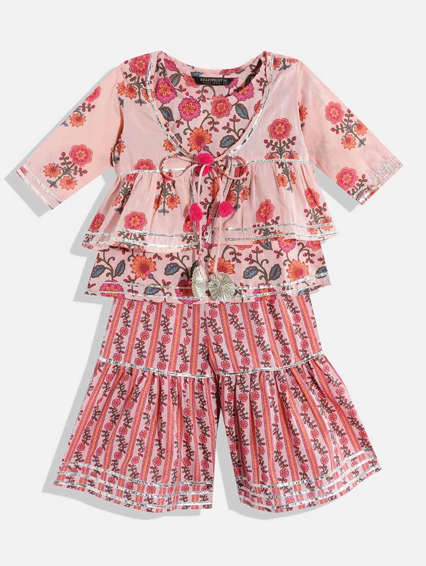 girls round neck printed kurta sharara set with jacket