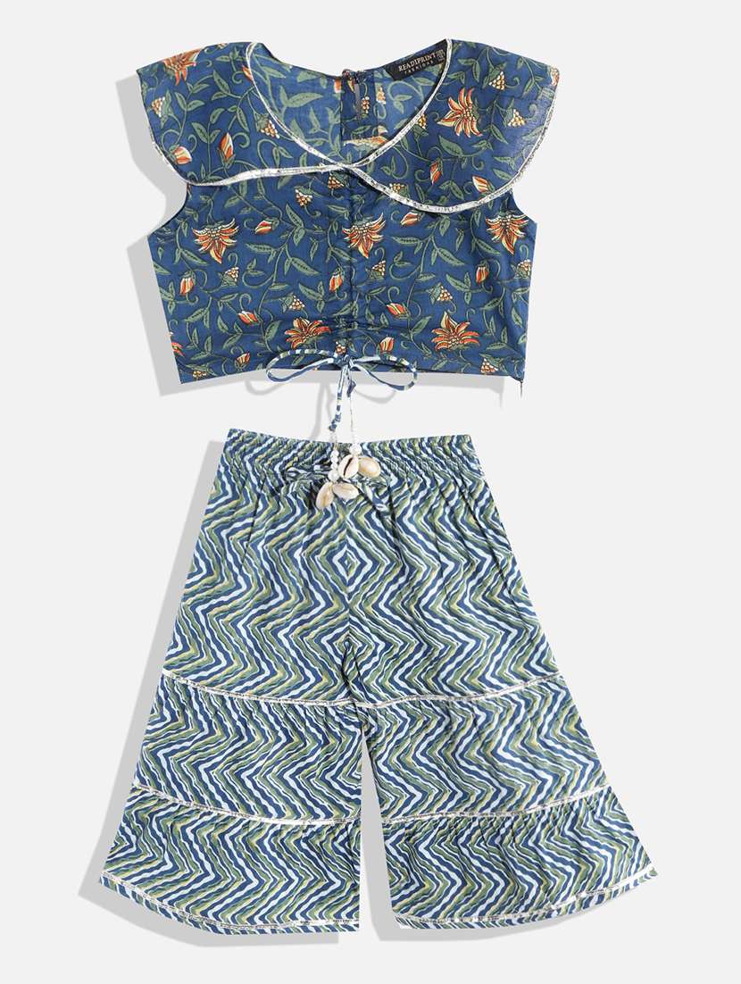 girls round neck floral printed top and sharara set