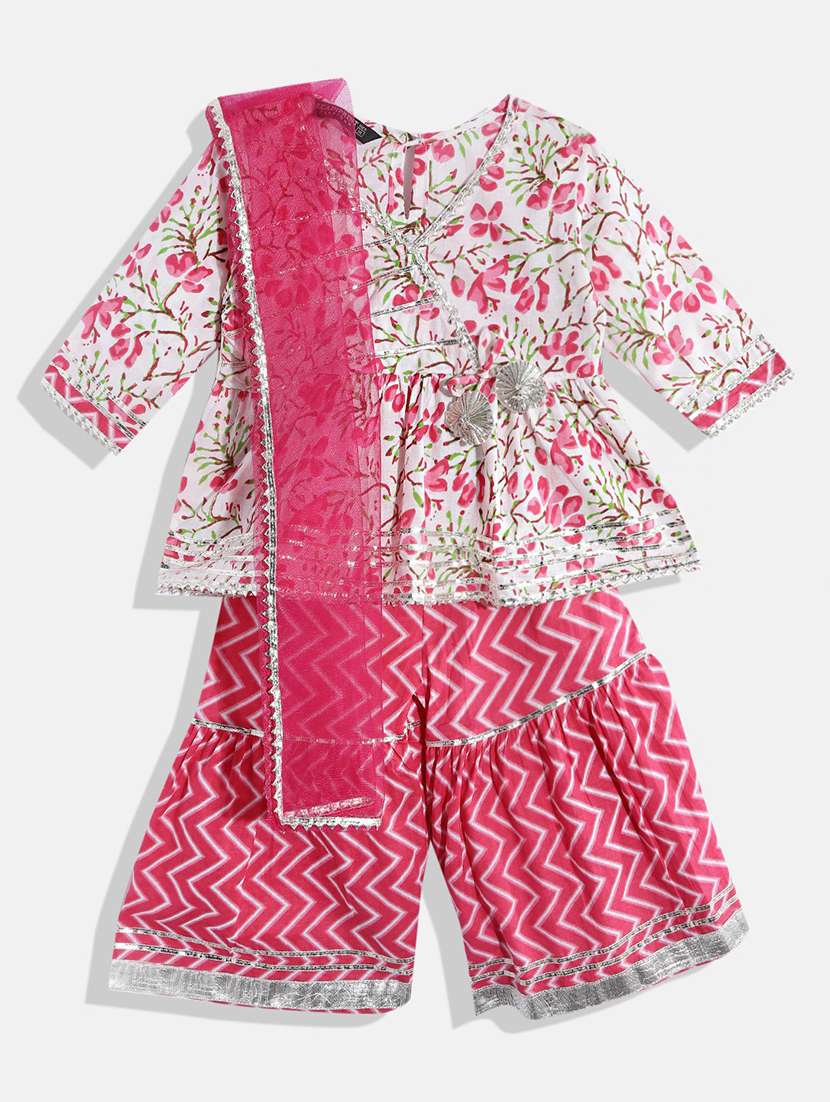 girls v-neck printed kurta sharara set with dupatta