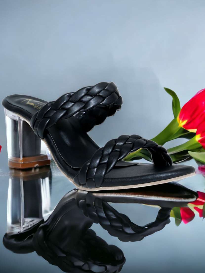 black synthetic slip on sandals