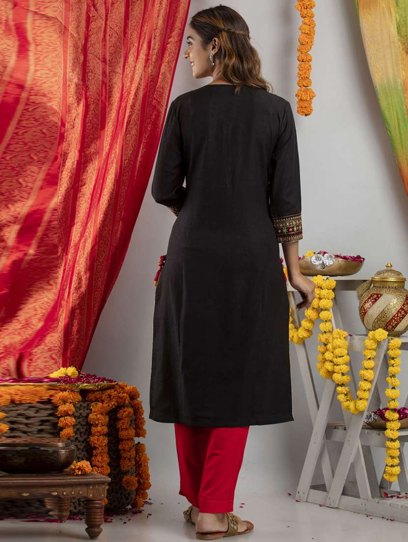 black rayon straight kurta - 19082416 -  Standard Image - 2