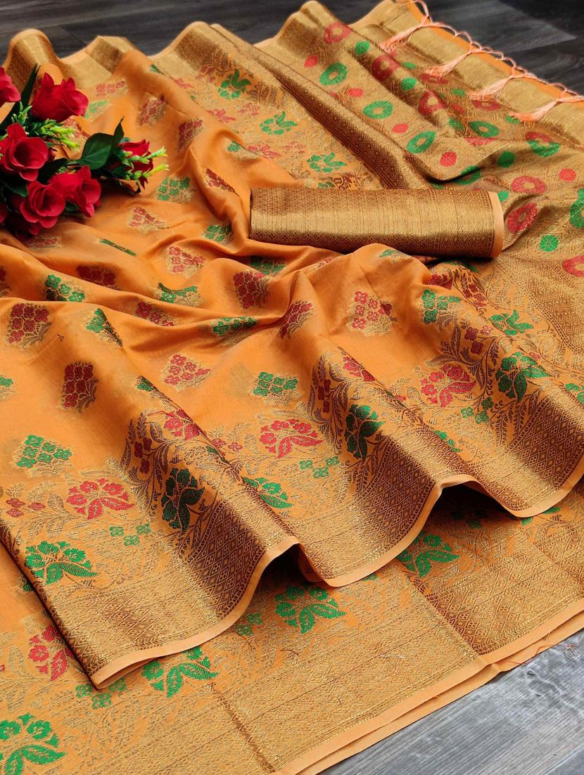 orange cotton silk set saree with blouse - 19083038 - Standard Image - 2