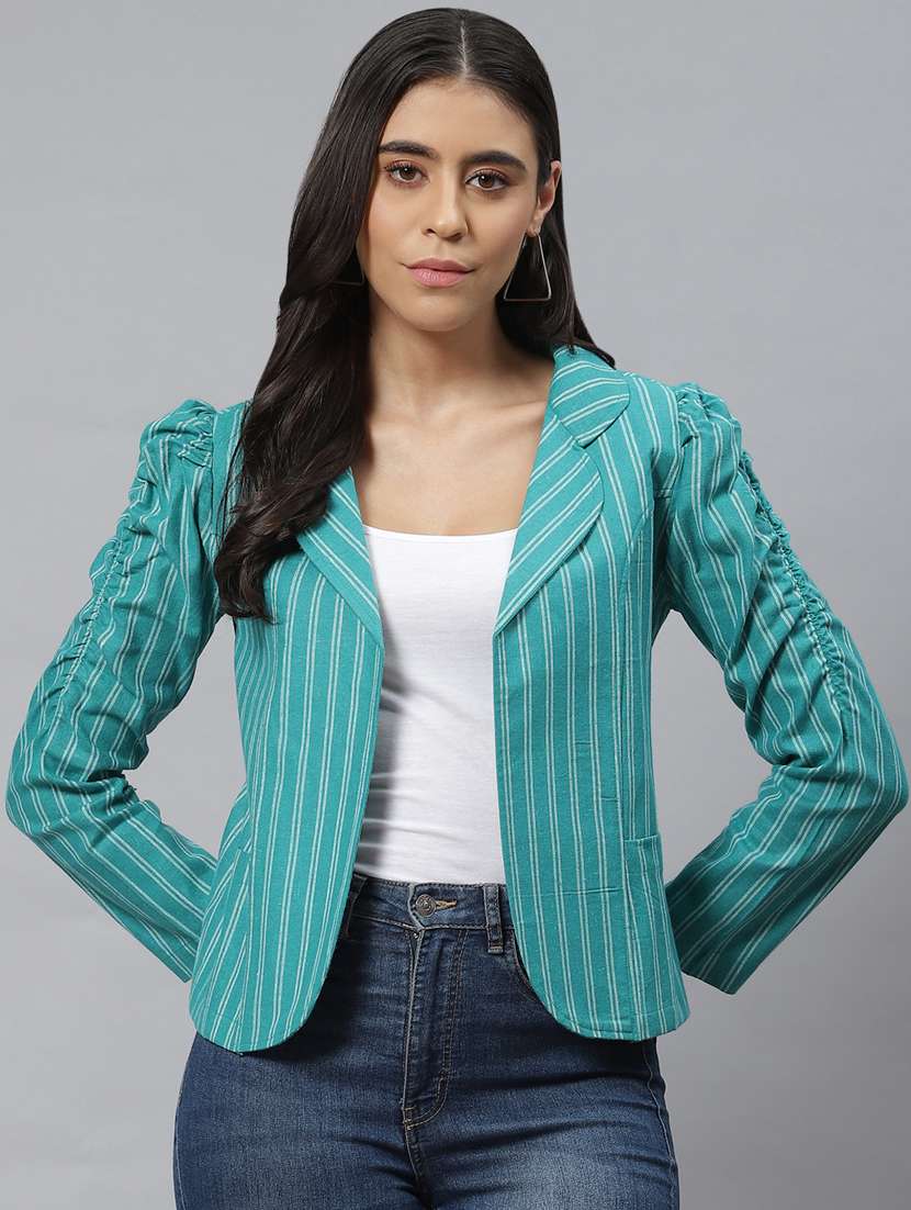 women lapel neck striped regular jacket