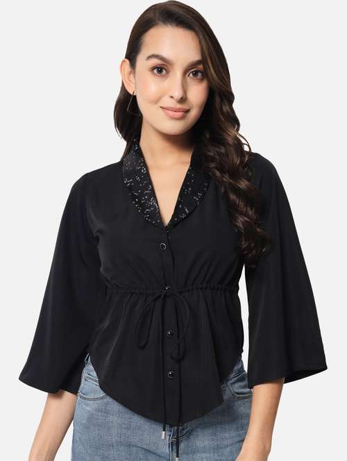 women lapel neck regular top - 19086798 - Standard Image - 0