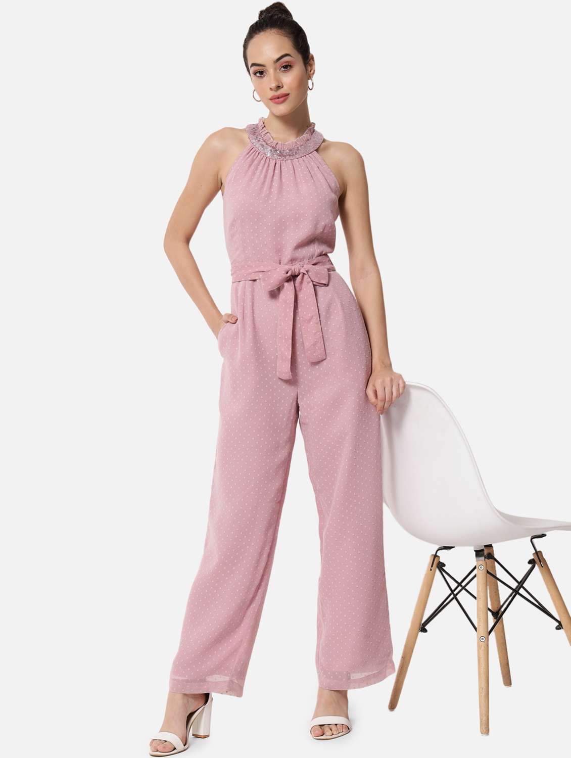 tie front self design full leg jumpsuit