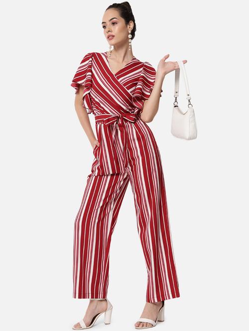tie front striped full leg jumpsuit - 19087180 - Standard Image - 0