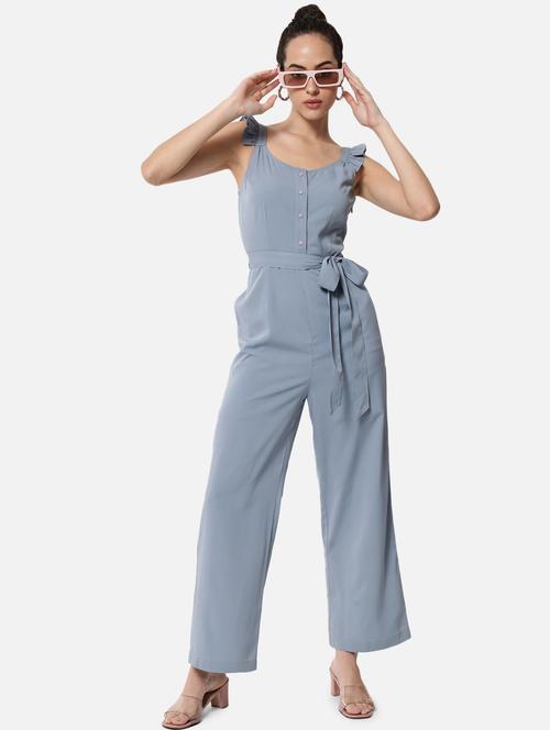 tie front solid full leg jumpsuit - 19087182 - Standard Image - 0