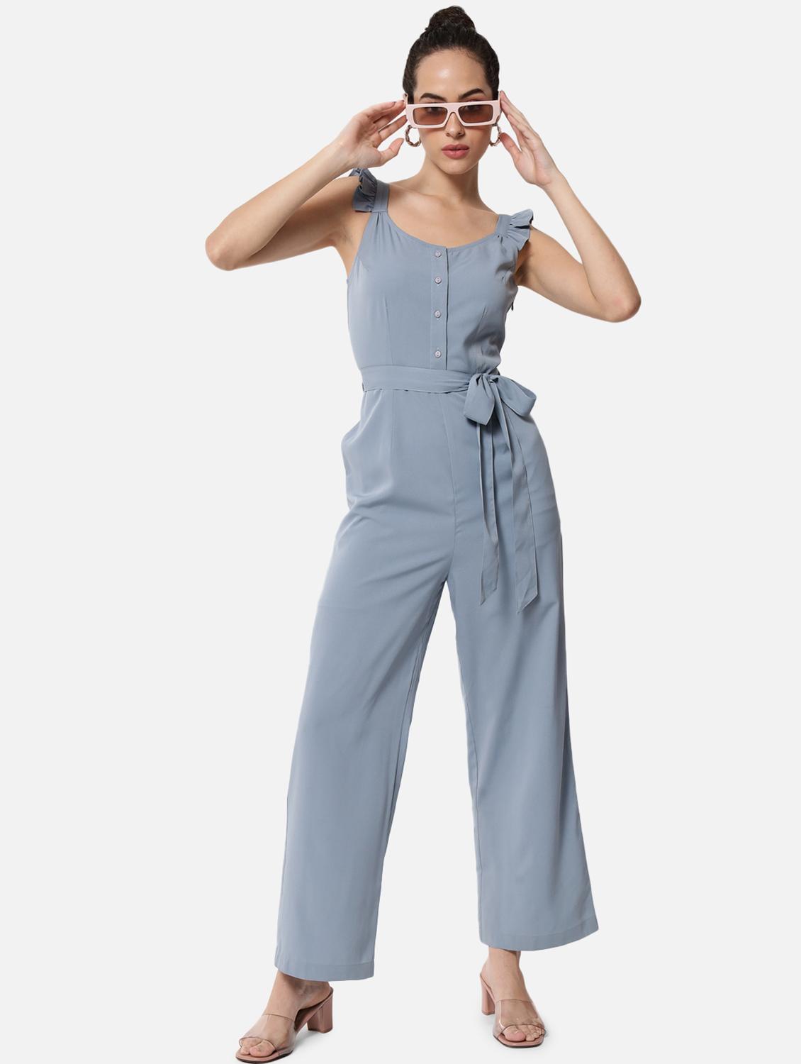 tie front solid full leg jumpsuit - 19087182 - Zoom Image - 0