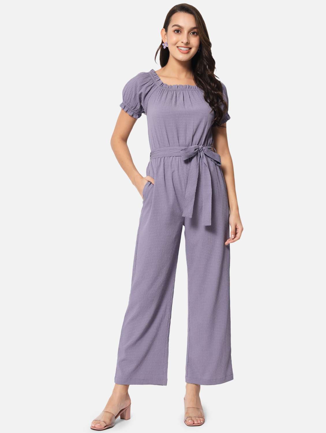 tie front self design full leg jumpsuit
