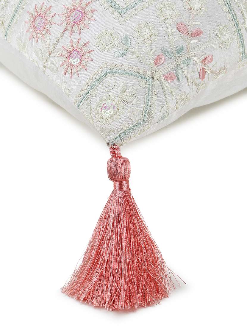 Mezposh Off White & Pastel Multi Ethnic Motifs Embroidered Faux Silk Cushion Cover (16"X16")