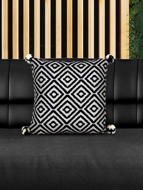 mezposh navy blue & off white diamond embroidered cotton acrylic cushion cover (16"x16") - 19088614 -  Standard Image - 0