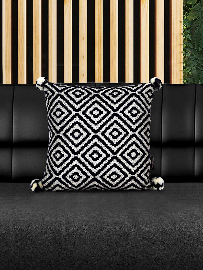 mezposh navy blue & off white diamond embroidered cotton acrylic cushion cover (16"x16")