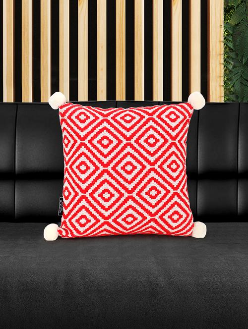 mezposh red & off white diamond embroidered cotton acrylic cushion cover (16"x16") - 19088615 - Standard Image - 0