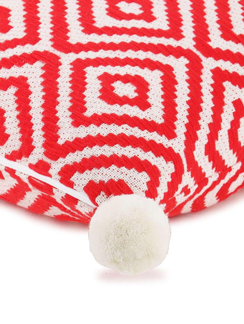 Mezposh Red & Off White Diamond Embroidered Cotton Acrylic Cushion Cover (16"X16")