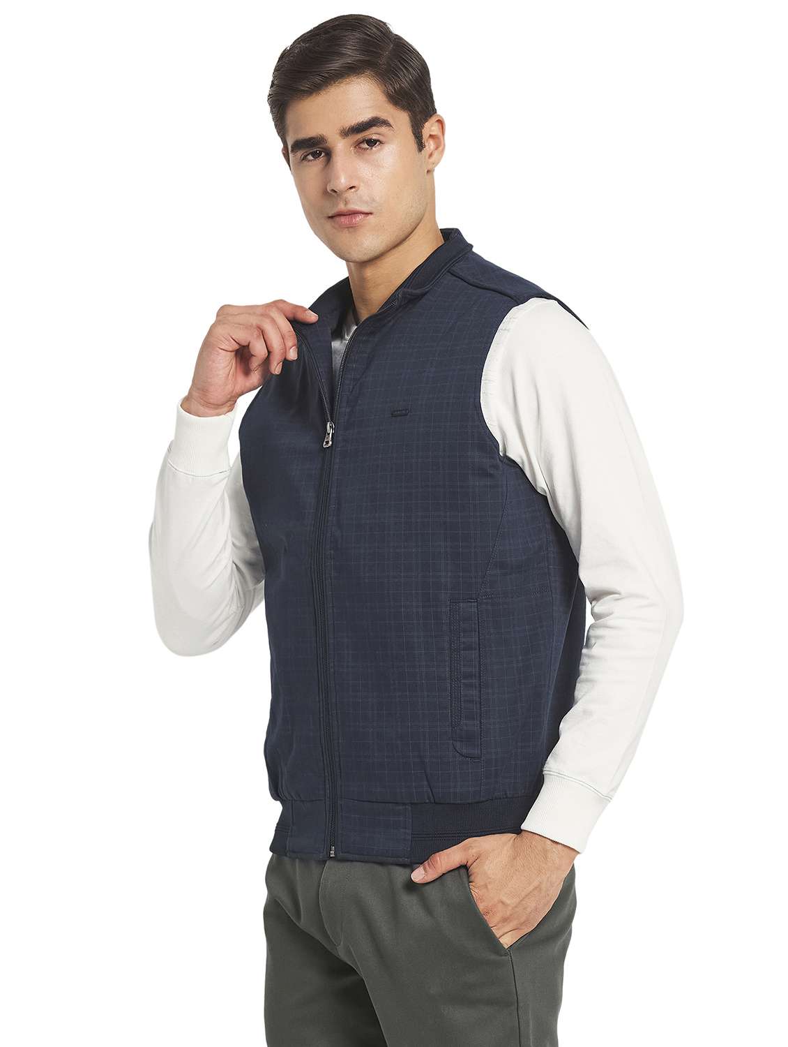 navy blue checked casual jacket - 19089619 - Standard Image - 2