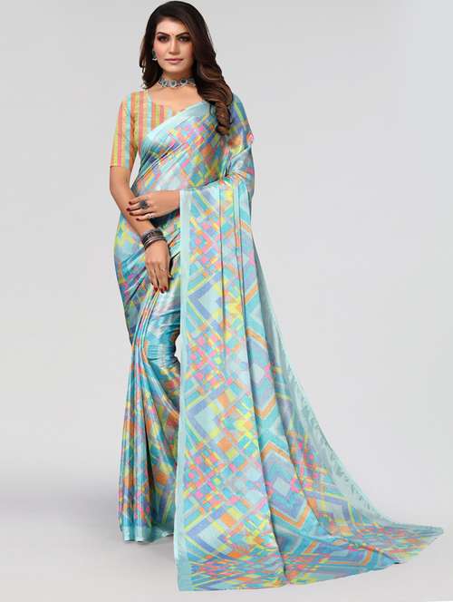 women's geometric light blue colored saree with blouse - 19089748 - Standard Image - 0