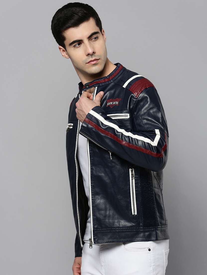 navy blue leather casual jacket - 19101535 -  Standard Image - 2