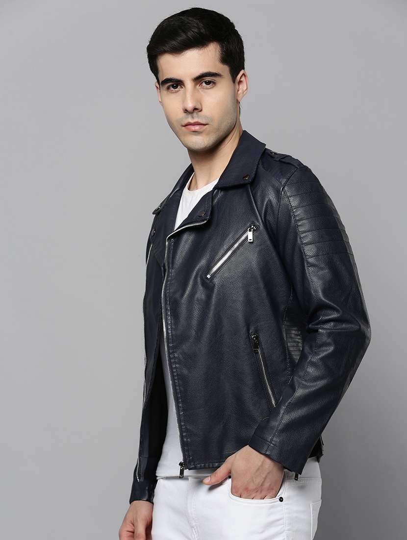 navy blue leather biker jacket - 19101553 -  Standard Image - 2