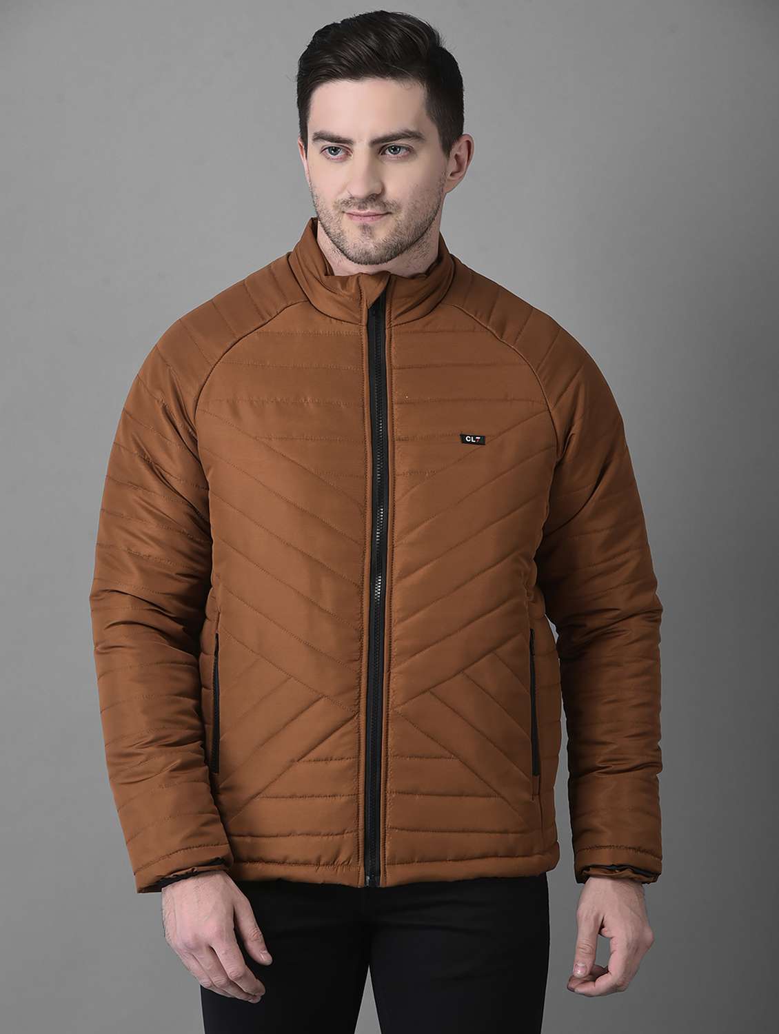 men brown solid long sleeve quilted jacket