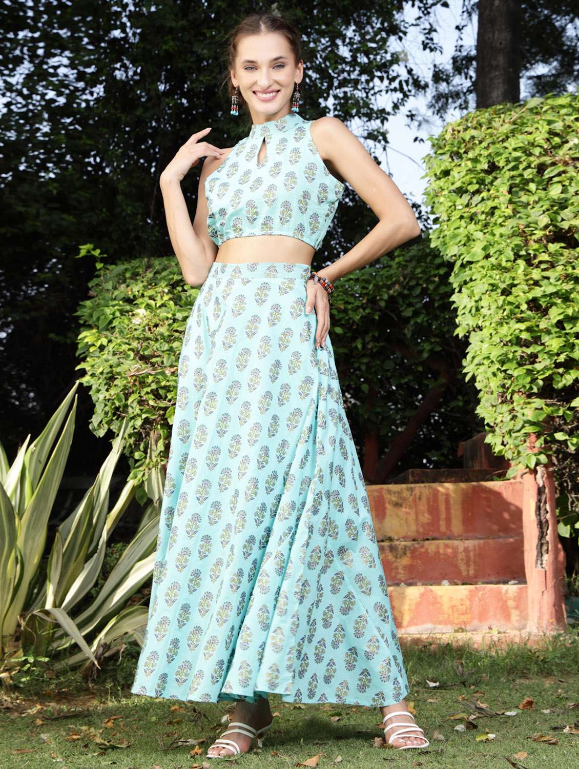 blue printed fit and flare dress