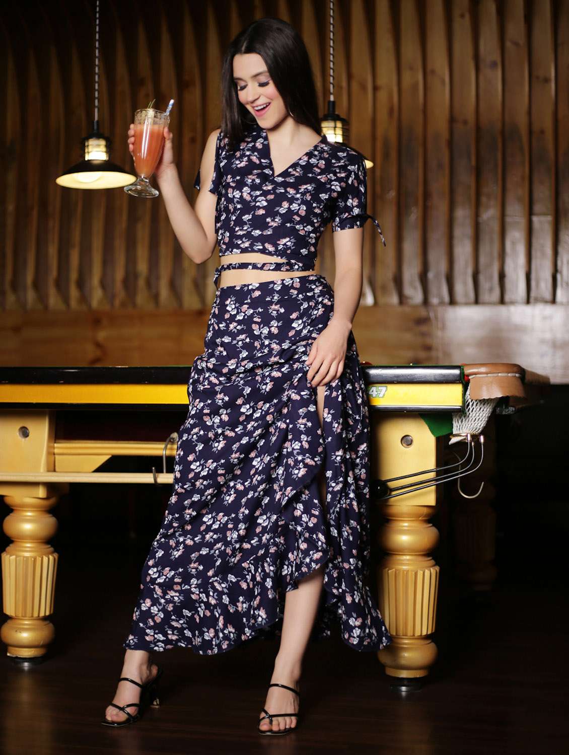blue printed top and skirt set