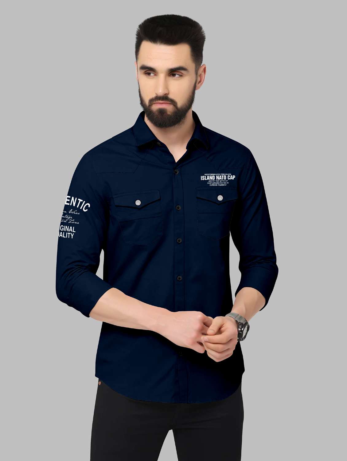 mens navy blue regular fit typography casual shirt