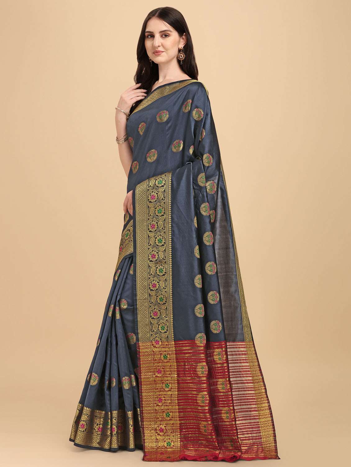self design zari work woven saree with blouse - 19109745 -  Standard Image - 2