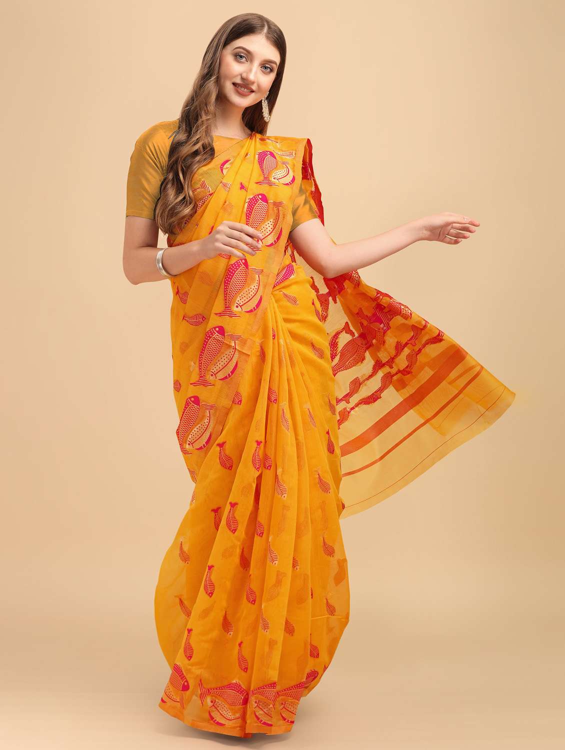 women's graphic gold colored saree - 19110127 - Standard Image - 2