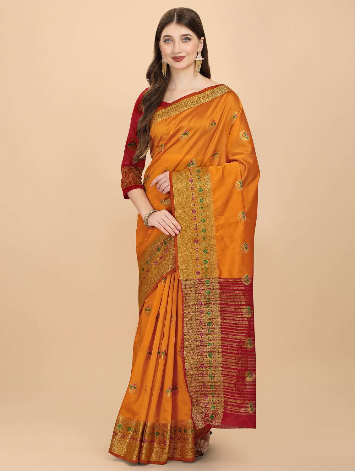 orange self design woven saree with blouse - 19110168 - Standard Image - 2