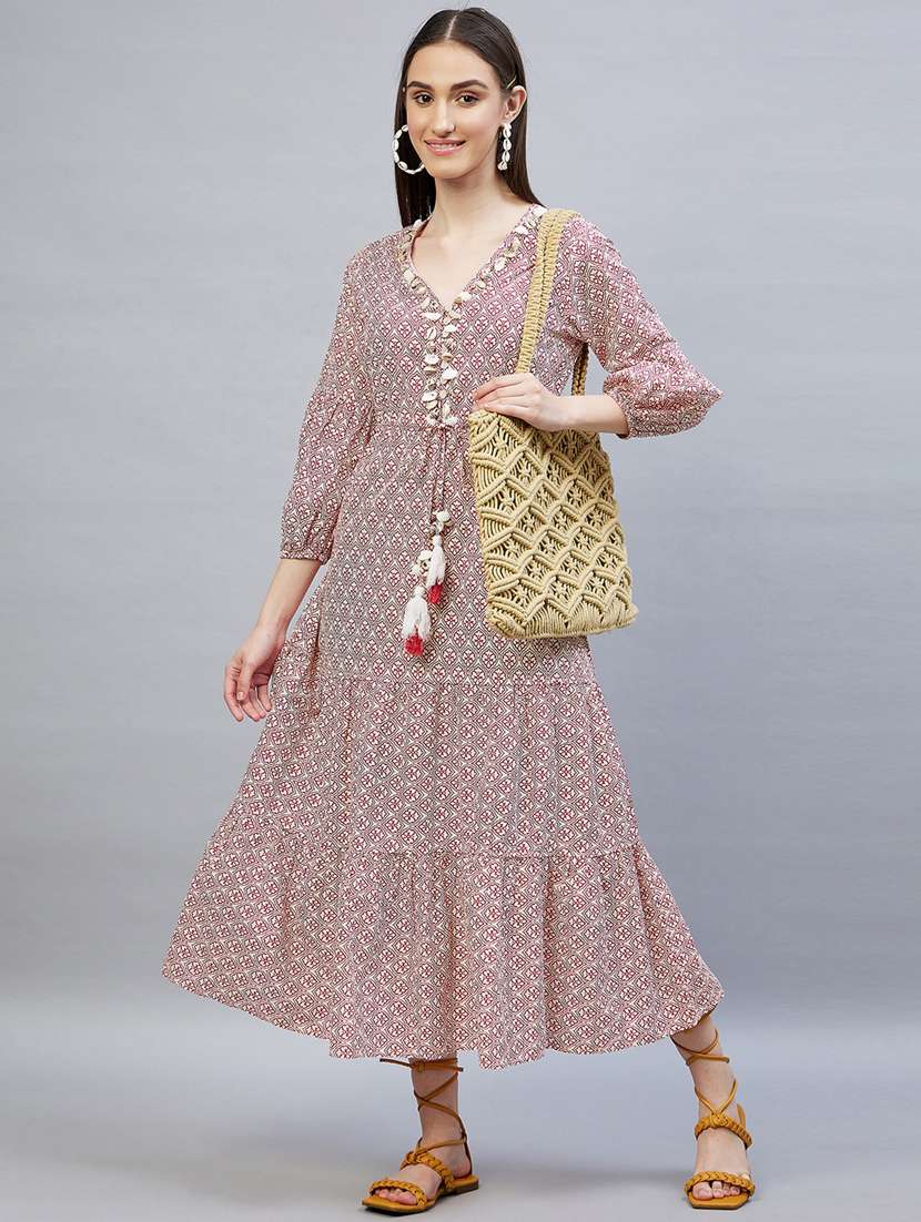 v-neck printed flared ethnic dress