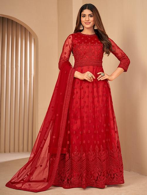 embroidered semi-stitched suit set - 19113779 -  Standard Image - 0