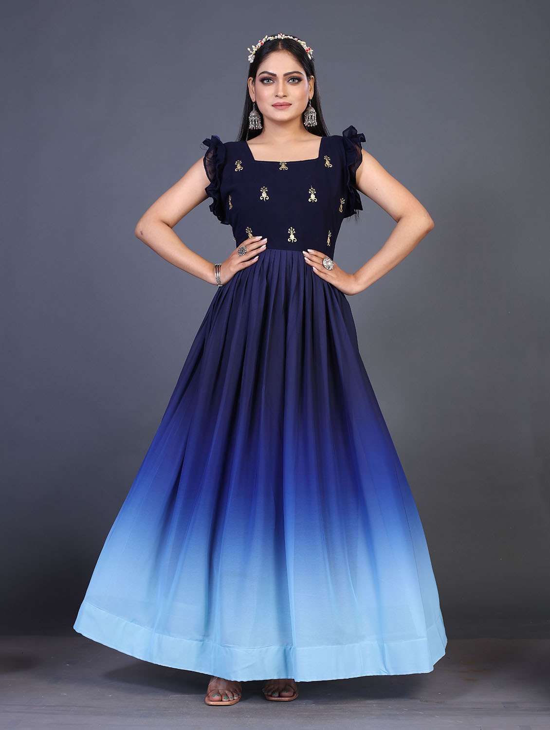 blue ombre style fit & flare gown