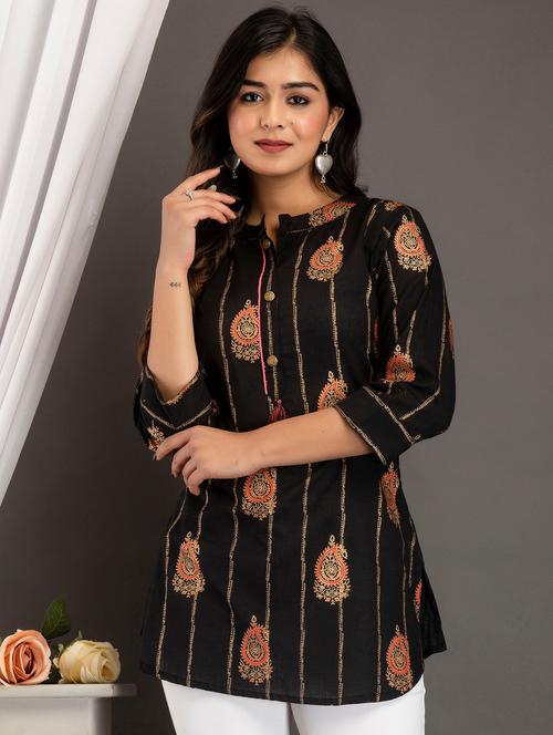 black printed mandarin neck tunic - 19117944 -  Standard Image - 0