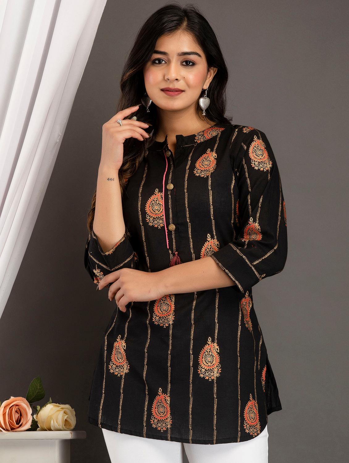 black printed mandarin neck tunic - 19117944 -  Zoom Image - 0