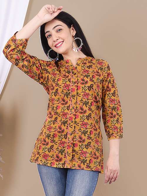 mustard mandarin neck printed three quarter tunic - 19117945 -  Standard Image - 0