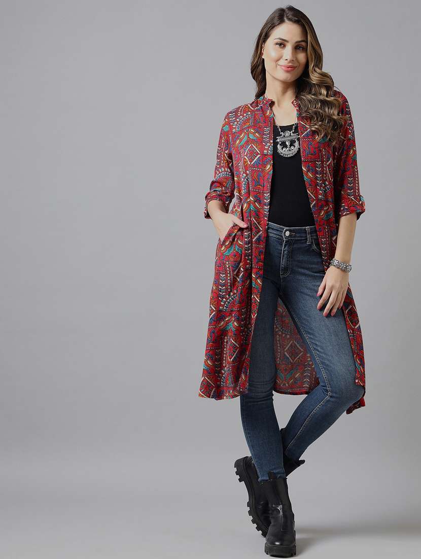 red printed long shrug